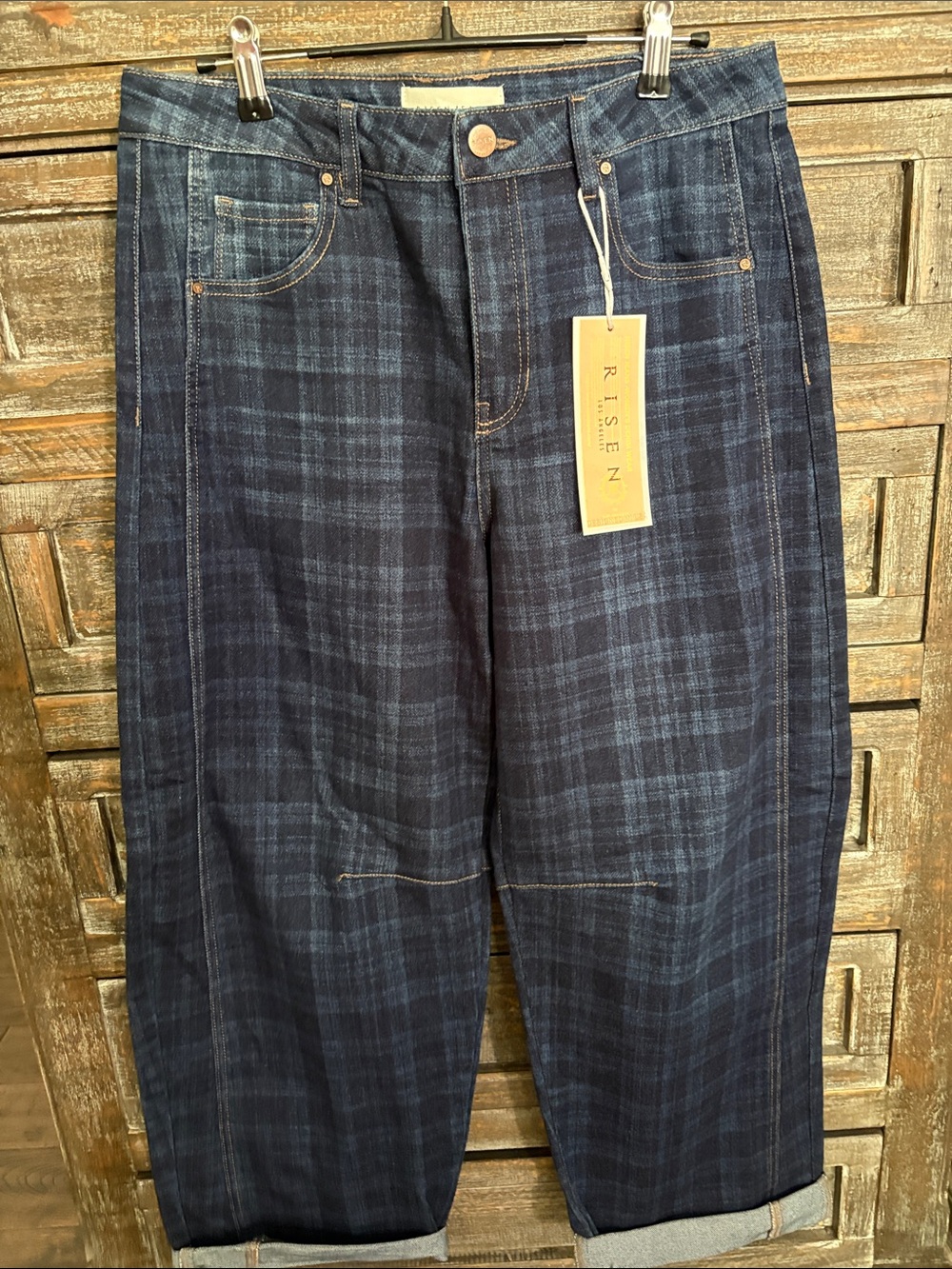 Risen Women’s Barrel Plaid Jeans in Dark Blue